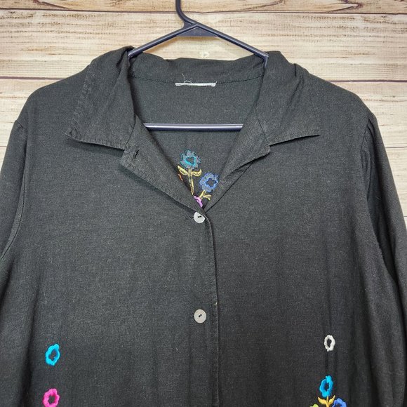 Linea by Louis Dell'Olio Embroidered Bohemian Womens Button Front Black Top L - Picture 2 of 15